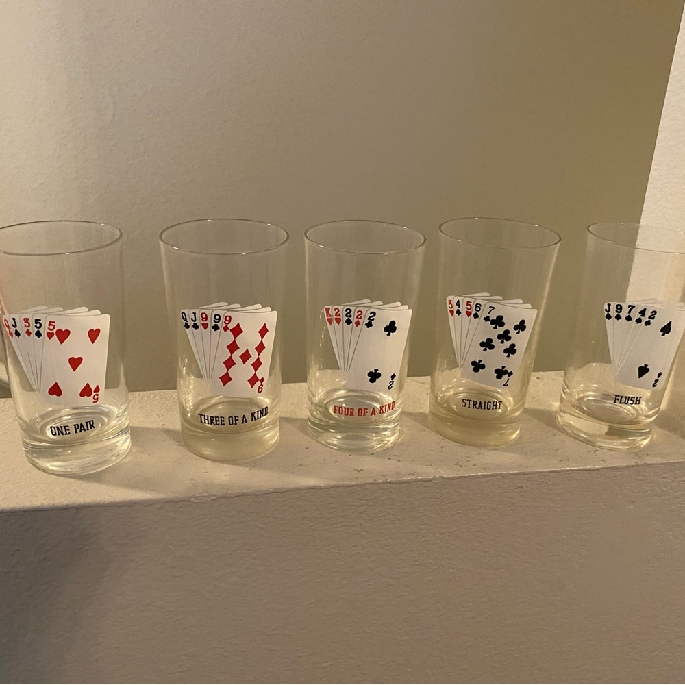Poker Themed Drinking Glasses. Set of 5. Excellent Condition. Card Game.
